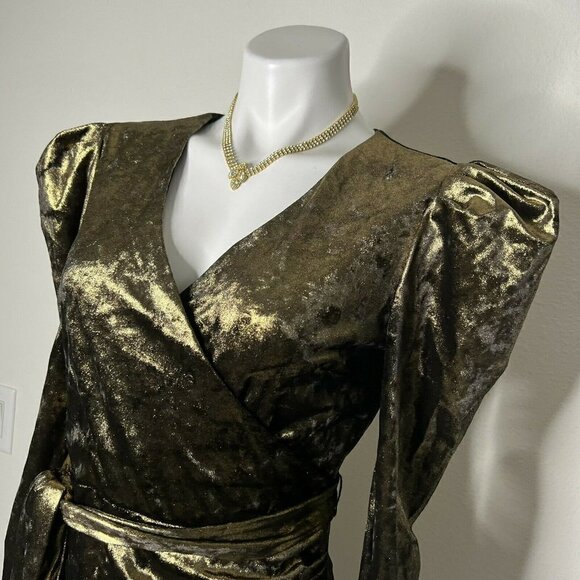 NWT Inc Gold Metallic Puff Sleeve Velvet Cocktail Party Midi Dress Small - Picture 7 of 15
